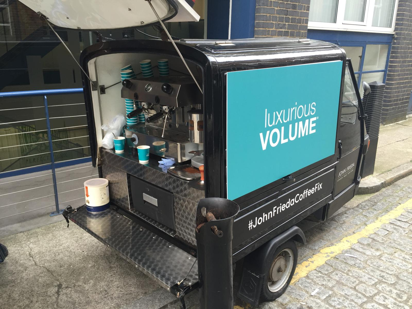 John Frieda motorised coffee trike with open espresso service hatch at a street activation