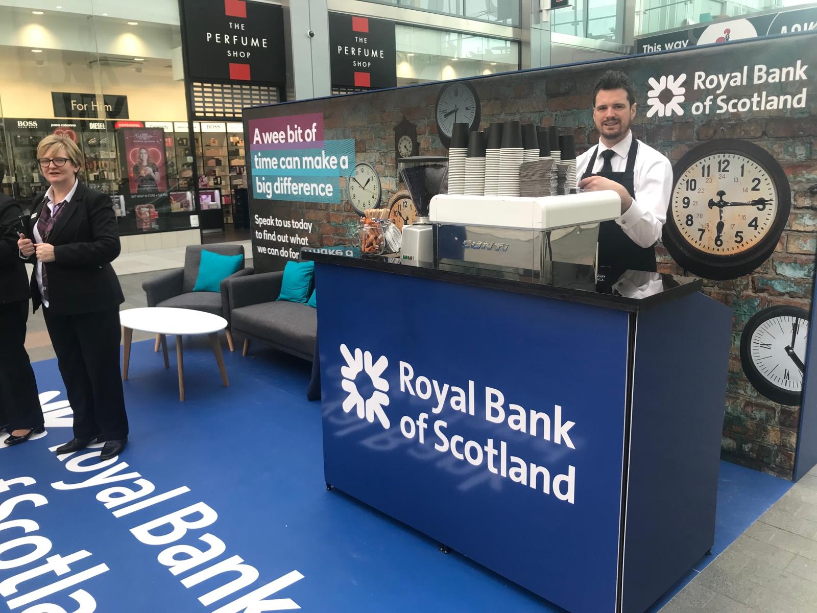 Royal Bank of Scotland mobile coffee bar with a barista at a shopping-centre activation