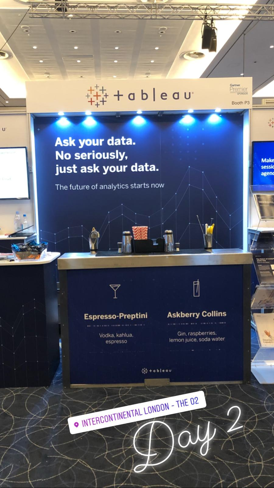 Tableau branded mobile cocktail bar at the InterContinental London O2 with custom serve menu