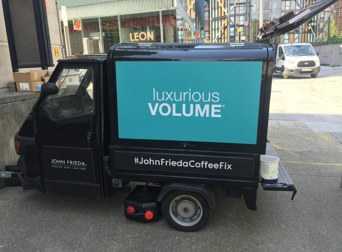 John Frieda Coffee Fix branded promotional vehicle used for a mobile barista activation