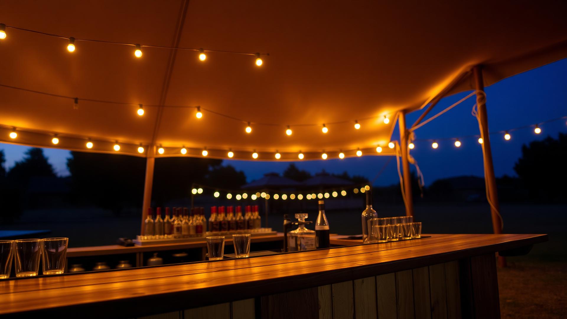 Outdoor festival bar at dusk under a stretch tent lit by warm festoon lights