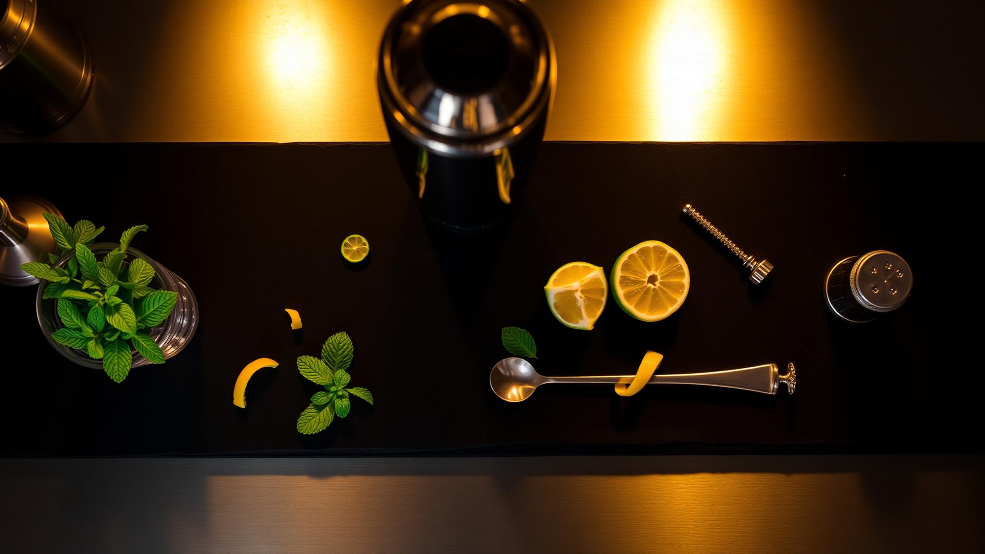 Overhead view of cocktail shaker, fresh mint, citrus and bar tools on dark slate