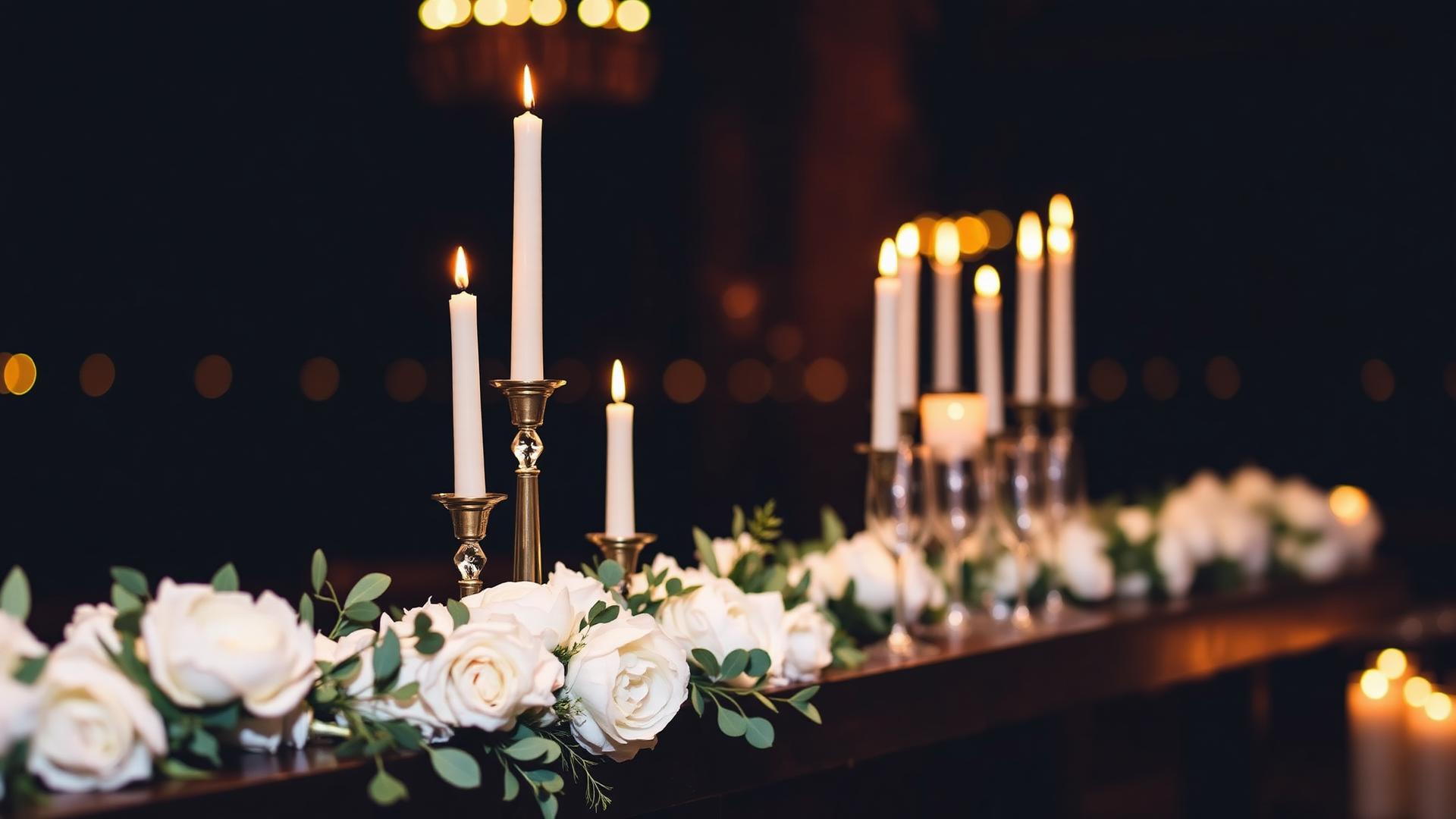 Candlelit wedding bar dressed with white roses and eucalyptus in warm bokeh light