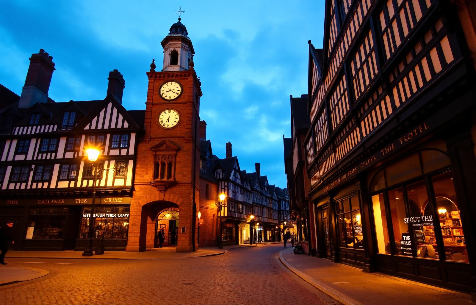 Chester historic Tudor street and Eastgate clock at twilight